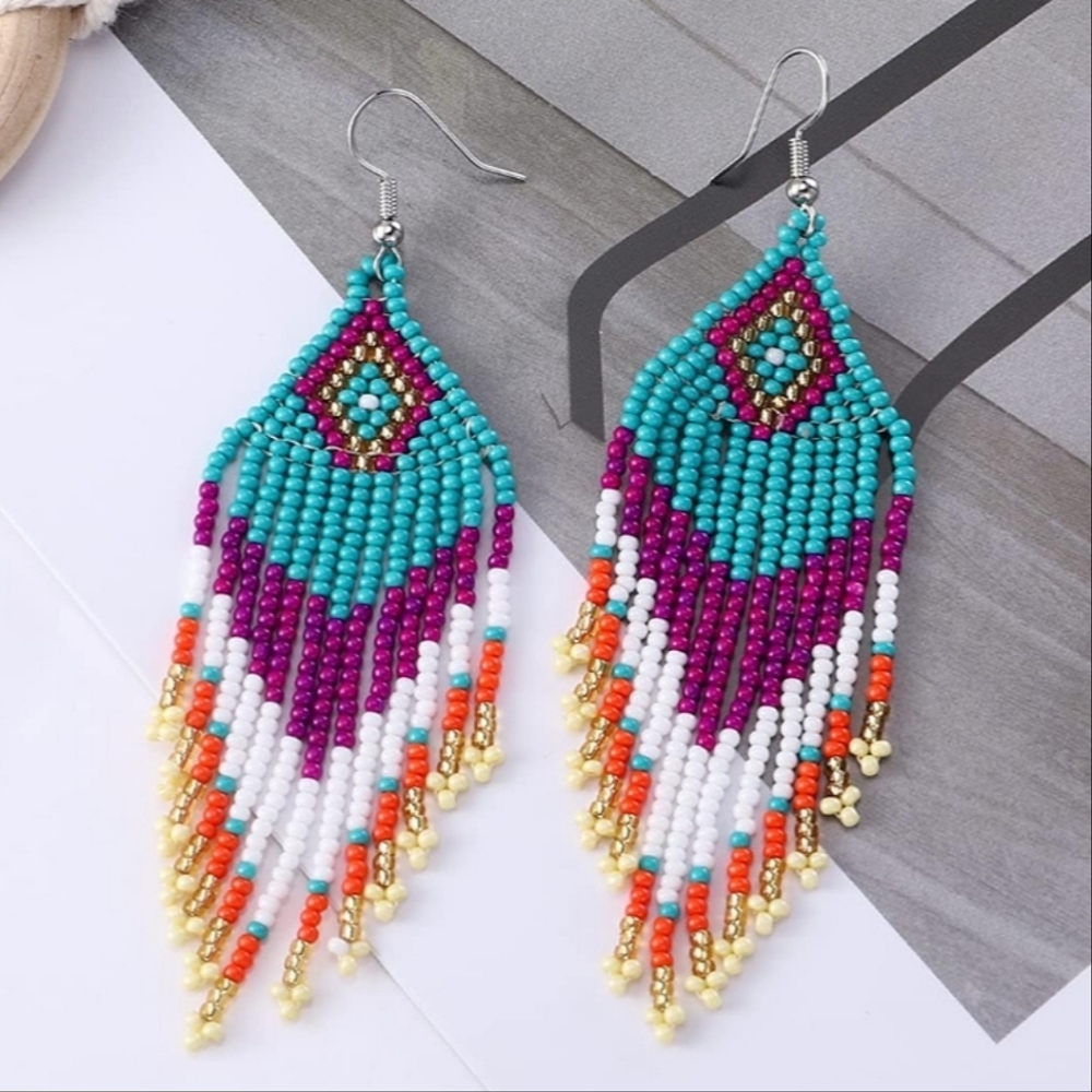 Handmade Beaded Colorful Fringe Earrings in Fuschia Sunrise